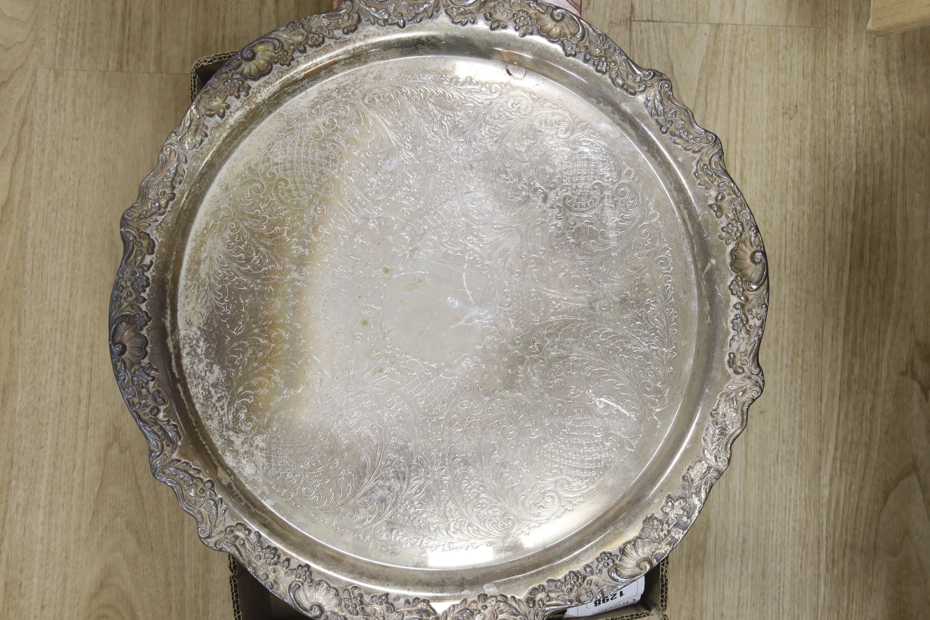 A quantity of plated wares to include tureens and covers, chargers etc.